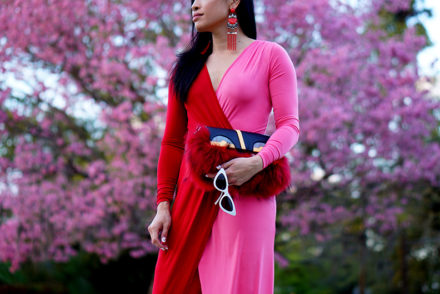 Color Blocking Pink Red Dress #outfit #outfitidea #outfitinspiration #reddress #pinkdress #outfitinspiration #styleinspiration #streetstyleidea #streetstyles #springoutfit #summeroutfit #asos #fashiontrend #trends #fauxfur #furclutch #thighboots #redboots